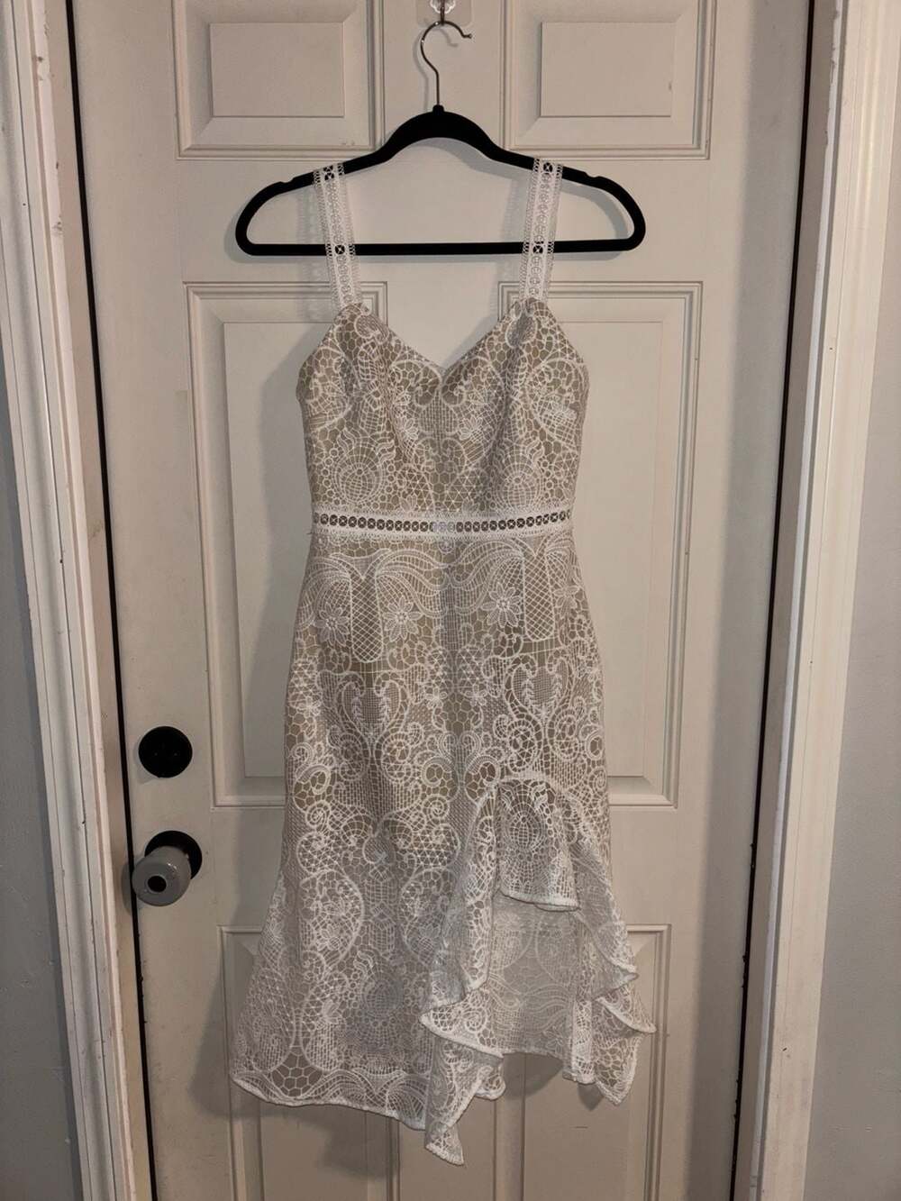 Velvi White Lace High-Low Ruffle Midi Dress Size 4